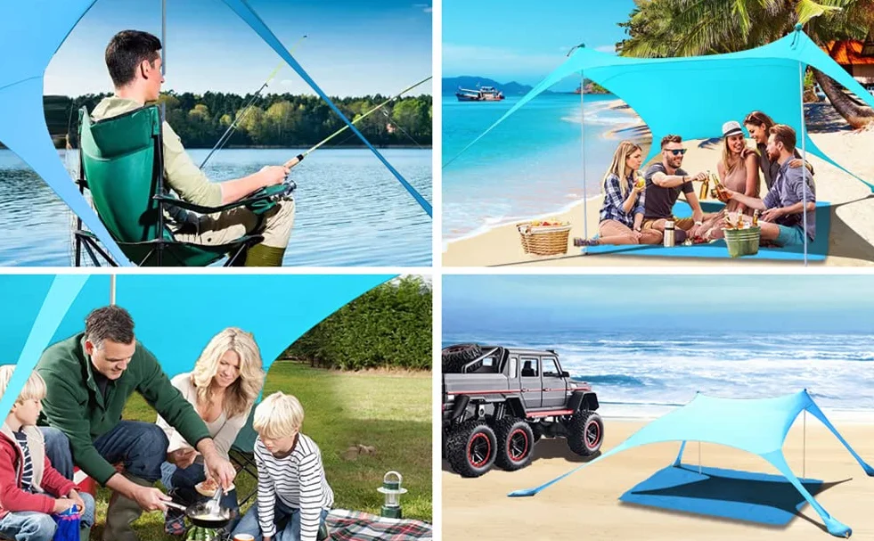 Strandzelt, Pop-Up, LSF 50, lycra, Sonnenschutz, für den Außenbereich, Anti-Wind, Sonnenschutz mit Stabilitätsstangen, Hinterhof mit Stranddecke, niebieski