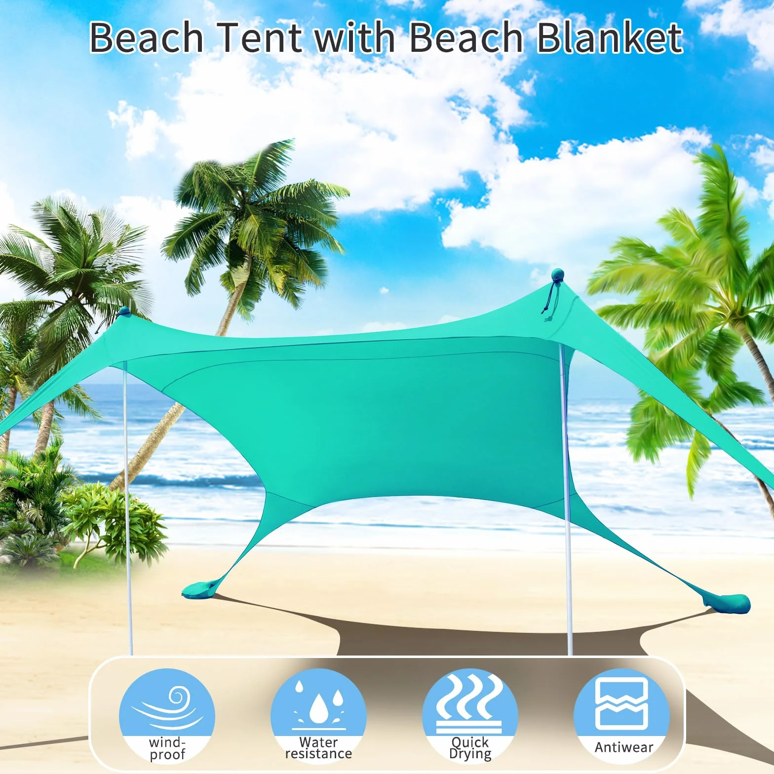 Namiot plażowy UPF50+ ochrona przed promieniowaniem UV, mały namiot przeciwsłoneczny z 2 drążkami, na kemping, plażę, wędkowanie, podwórko i piknik, turkusowy