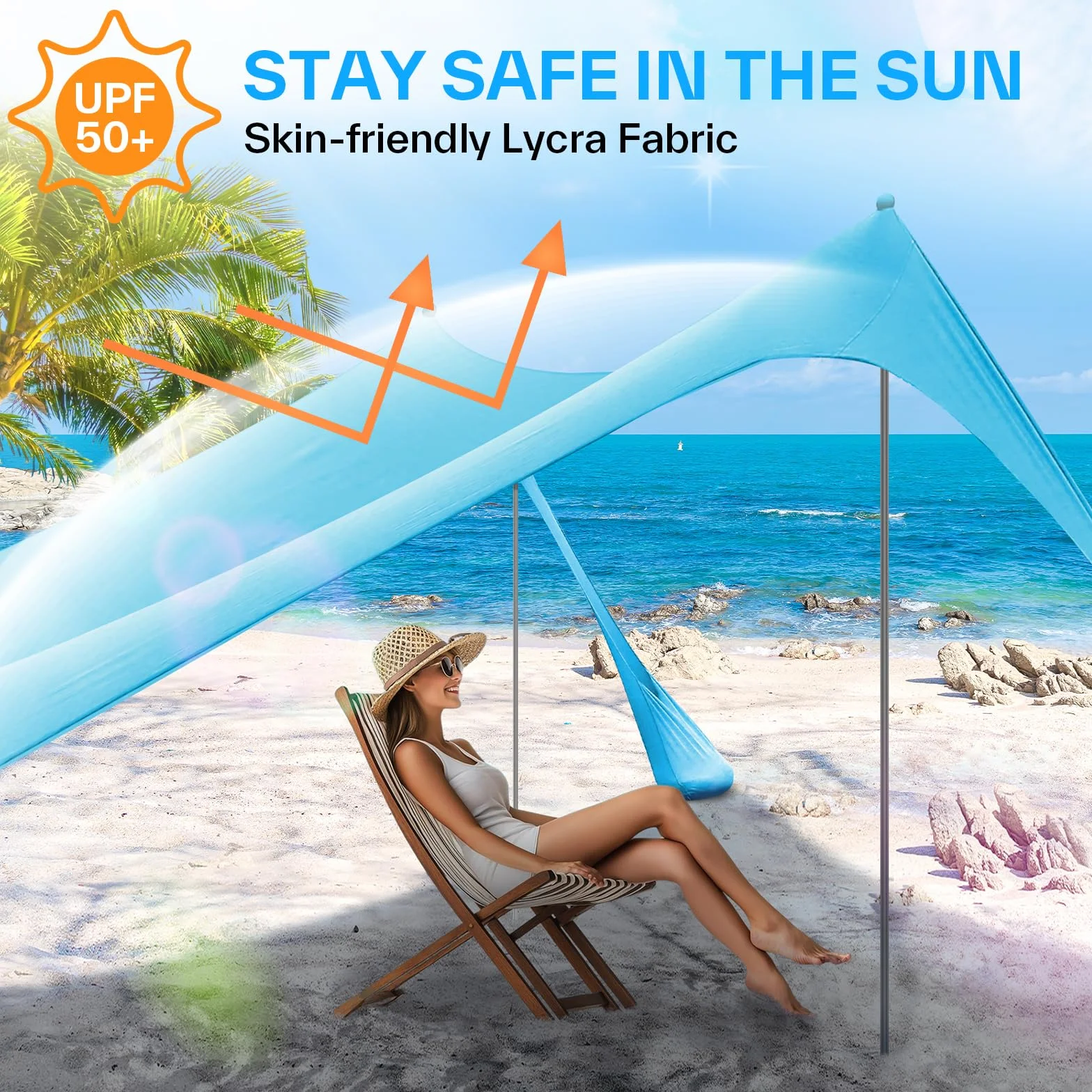 Markiza plażowa Namiot przeciwsłoneczny Sportneer 10 x 10 FT Namiot plażowy Markiza plażowa Parasol przeciwsłoneczny UPF50+ z 4 drążkami stabilnymi łopatą do piasku
