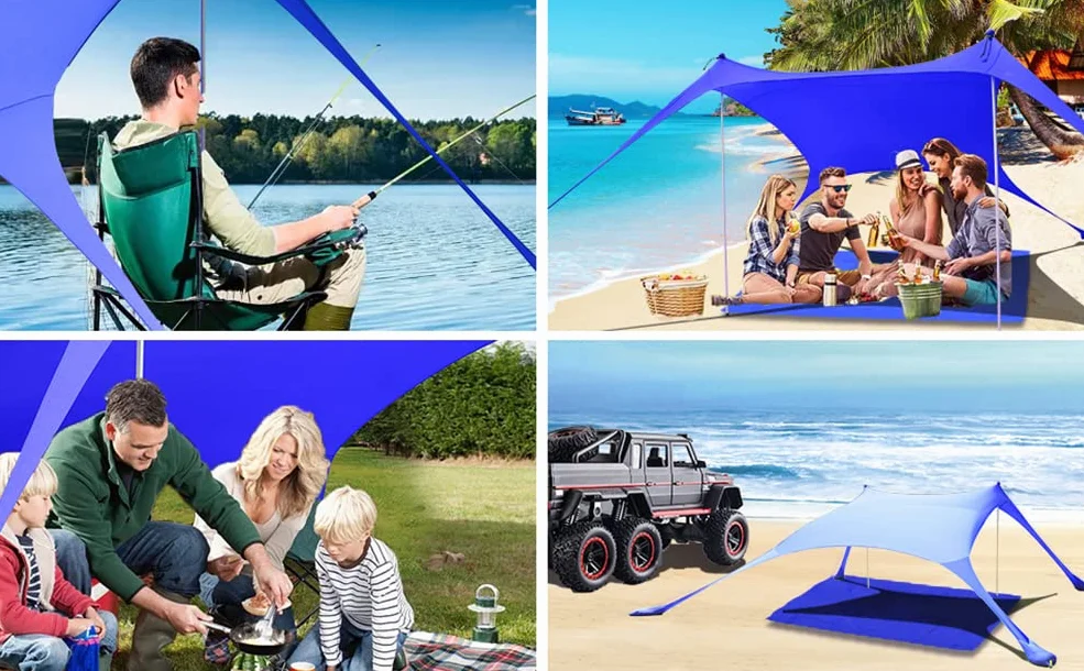namiot plażowy, Pop-Up, 2x2,1 m, LSF 50, Lycra, ochrona przed słońcem, do użytku na zewnątrz, antywiatrowy, ochrona przed słońcem z prętami stabilizującymi, podwórko z plażową poszewką