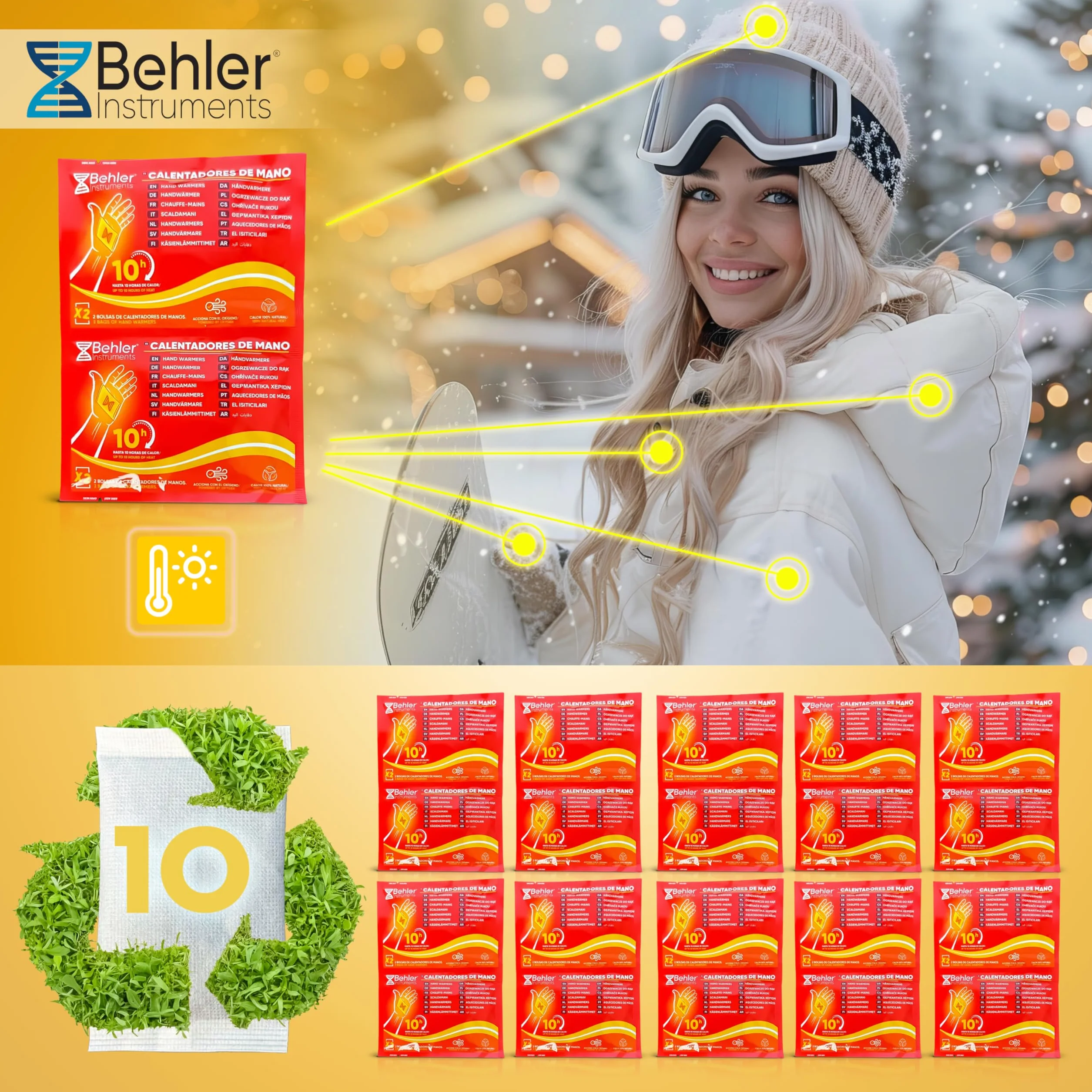 Ogrzewacze do Rąk 10 Par (20 szt.) – Jednorazowe Hand Warmers do 10h Ciepła – Aktywowane Powietrzem, Bez Baterii – Na Narty, Snowboard, Wędkowanie, Camping – Kieszonkowe Ogrzewacze Zimowe – Behler