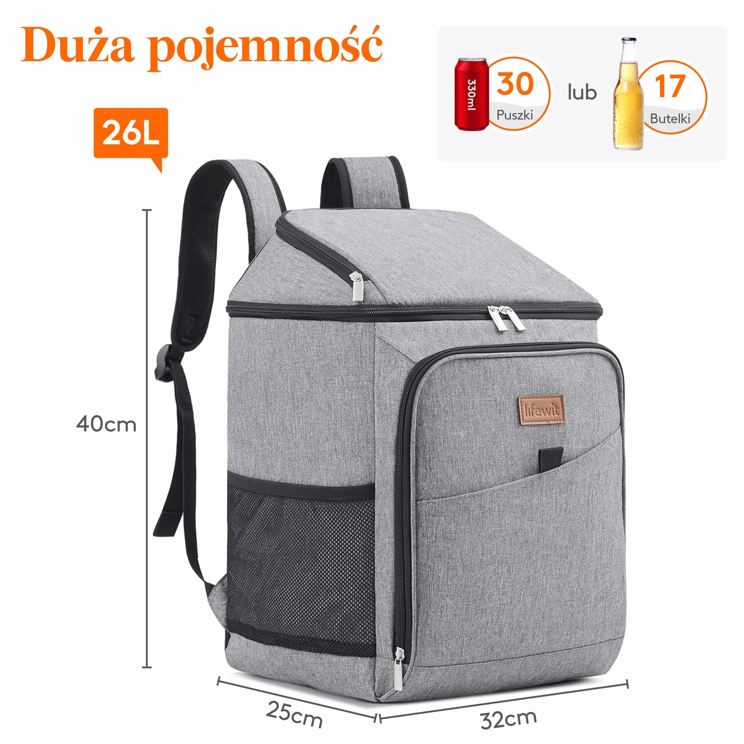 Lifewit 26l 34-kanałowa Izolowana Torba Chłodząca, Szczelna Plecak chłodzący Przenośna Lodówka Chłodziarka Na Żywność Dla Mężczyzn Kobiet Na Zewnątrz/piknik/plaża/bbq/camping/podróż/rodzina, Szary