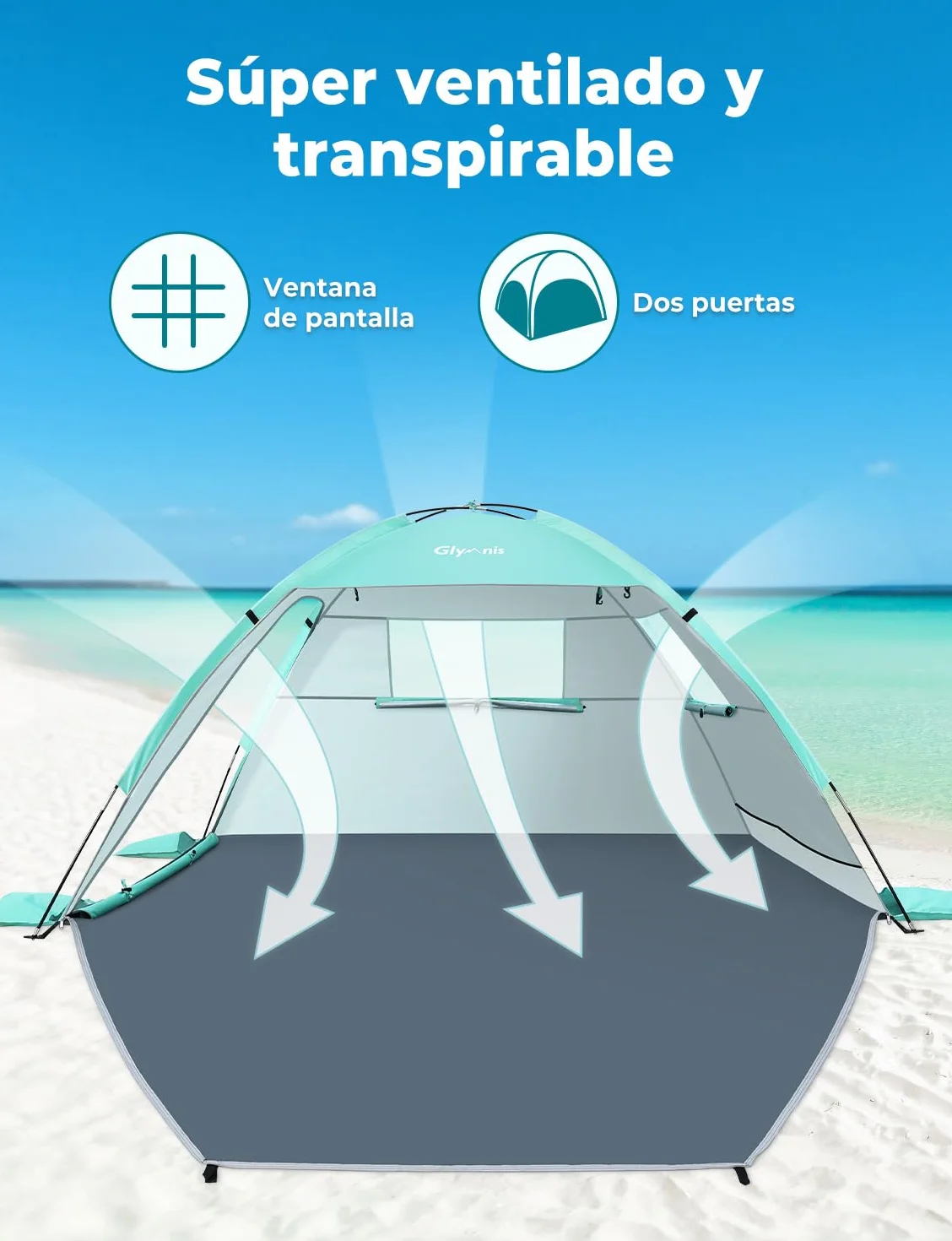 Glymnis Namiot plażowy z 2 drzwiami z zamkiem błyskawicznym, ochrona przed promieniowaniem UV UPF50+, ochrona przed wiatrem, mały rozmiar po spakowaniu, namiot plażowy dla 2-3 osób