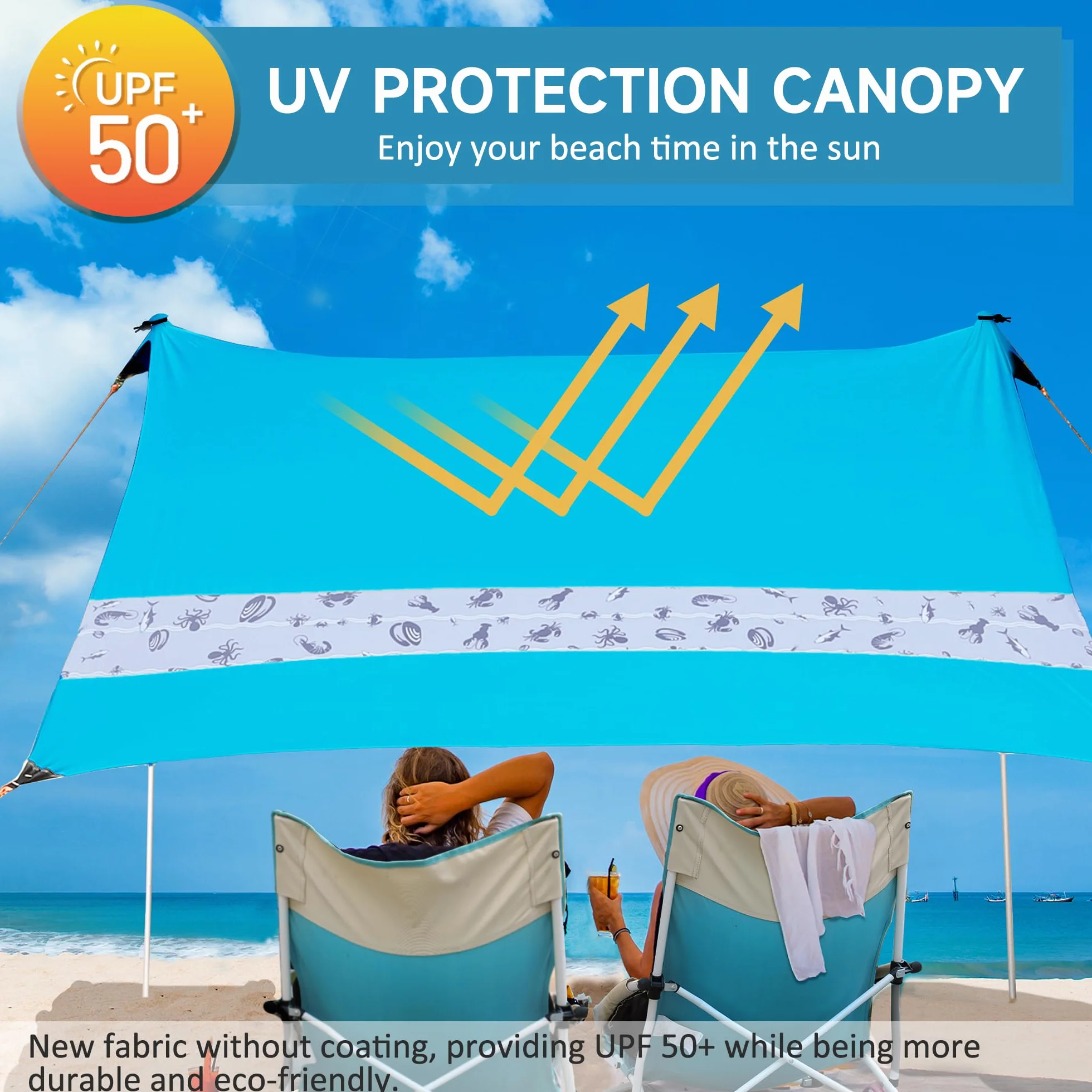 VILLEY Namiot plażowy dla 1-3 osób, przenośny schronienie plażowe 2,4 m x 2 m z 2 aluminiowymi drążkami, UPF50+ abażur plażowy ze wzmocnionymi narożnikami, idealny na plażę, kemping, piknik (niebieski
