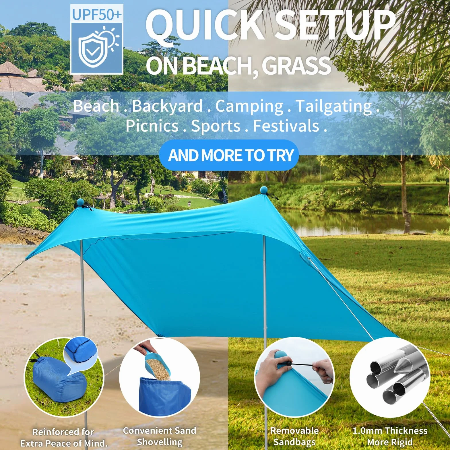 JAICOM Namiot plażowy, 2,1 x 2,1 m parasol plażowy, odporny na promieniowanie UV domek plażowy UPF 50+ z aluminiowymi drążkami, idealny na plaże, pikniki, wędkowanie