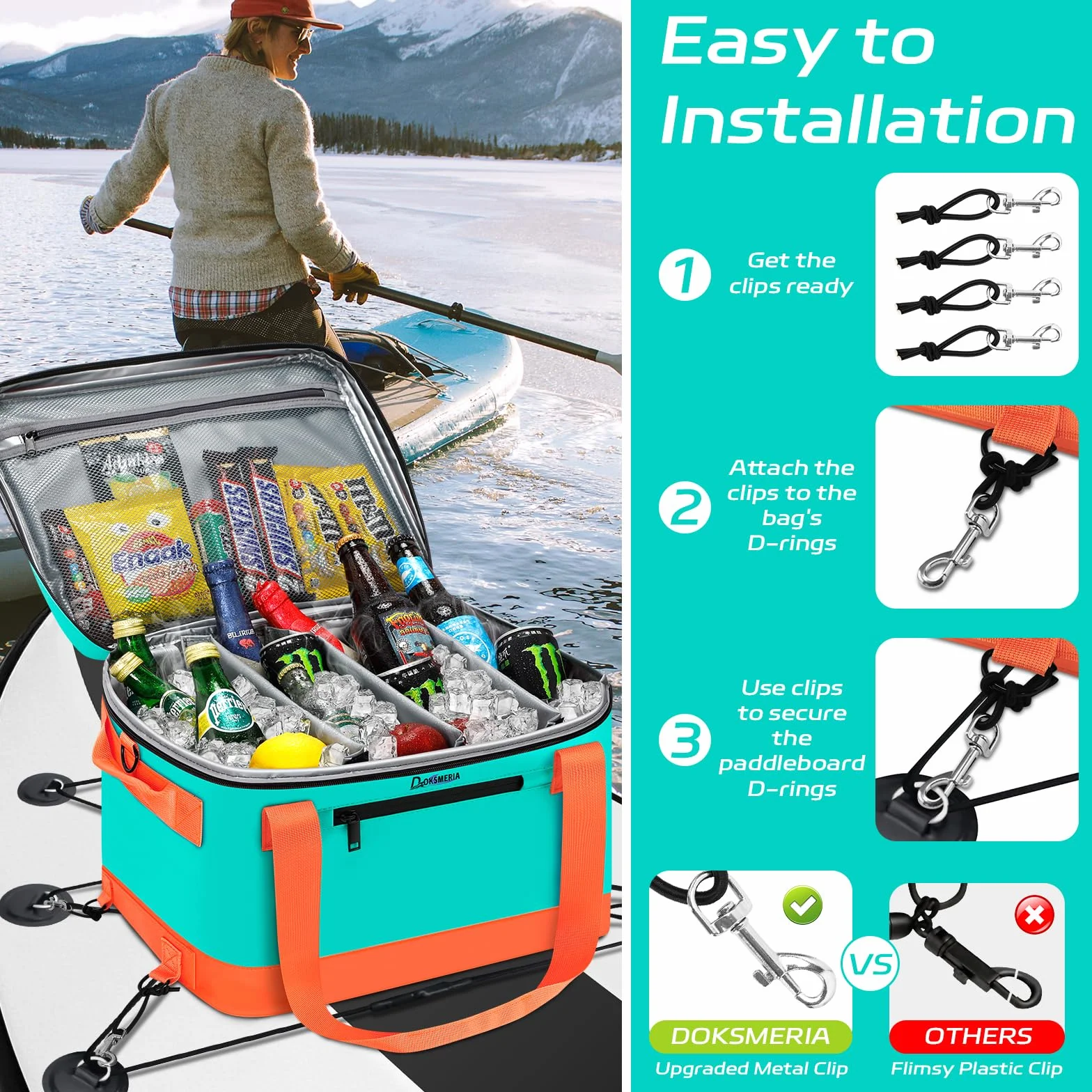 Paddle Board Cooler wodoszczelny, Super Capacity SUP Paddleboard Deck Cooler z paskiem na ramię i 6 elastycznymi klipsami na linki, torba na akcesoria do deski SUP i kajaka