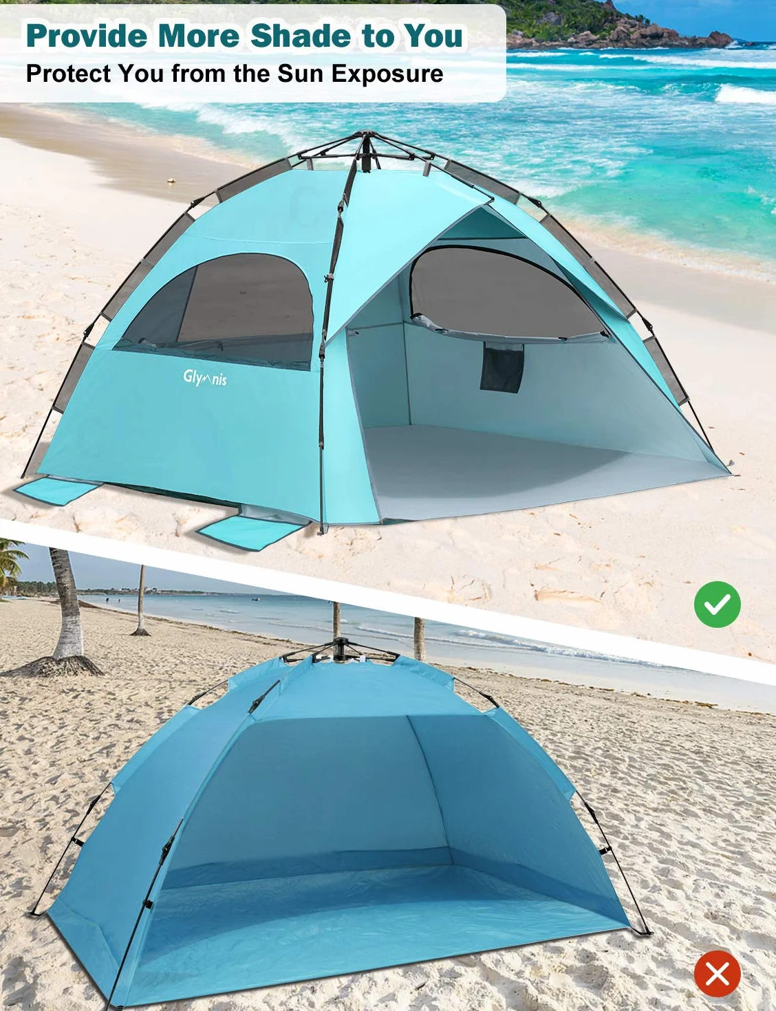 Glymnis Namiot plażowy dla 4-6 osób, duży rozkładany namiot plażowy dla dorosłych, automatyczny namiot plażowy na zewnątrz, przenośny, ochrona przed promieniowaniem UV, schronienie przed słońcem,