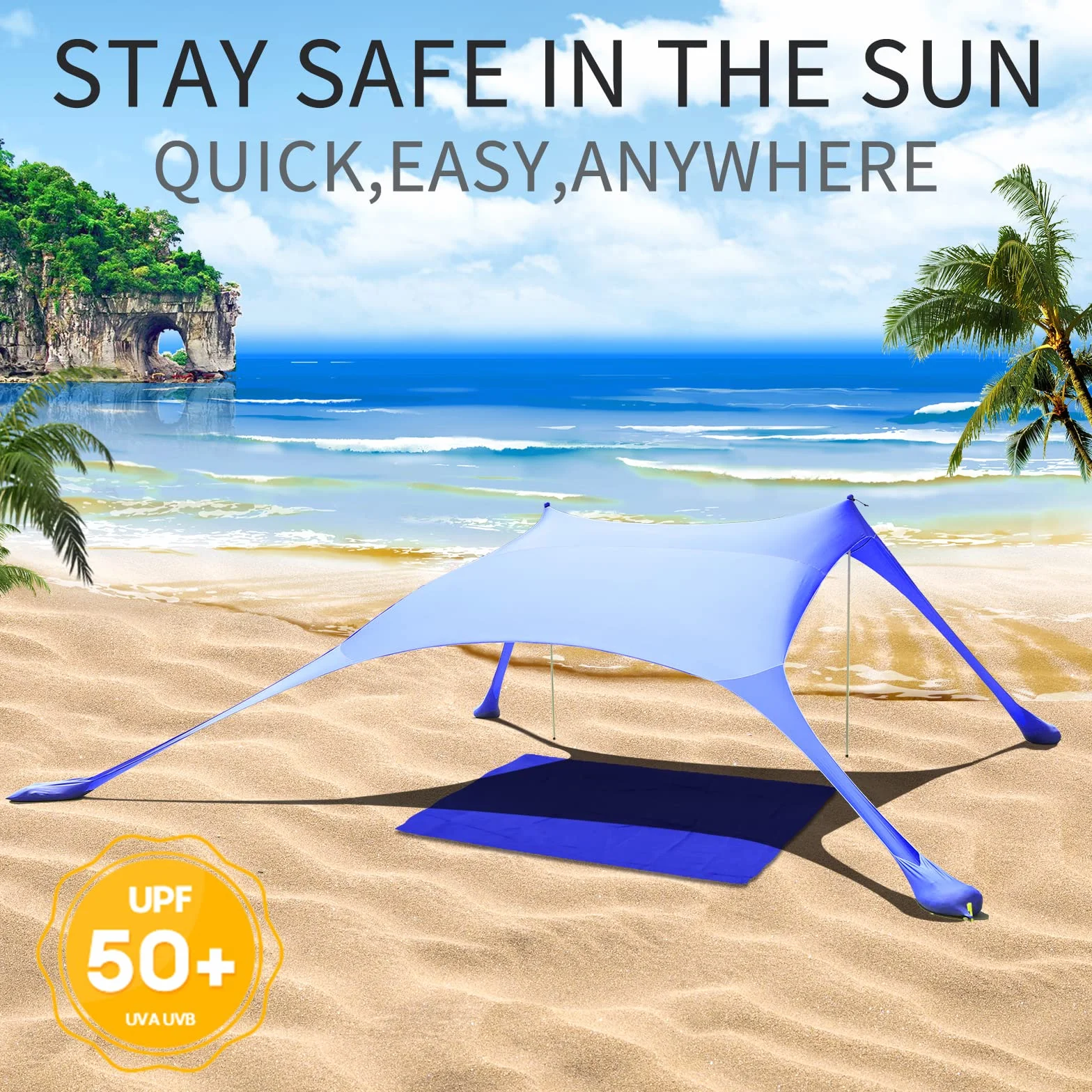 namiot plażowy, Pop-Up, 2x2,1 m, LSF 50, Lycra, ochrona przed słońcem, do użytku na zewnątrz, antywiatrowy, ochrona przed słońcem z prętami stabilizującymi, podwórko z plażową poszewką