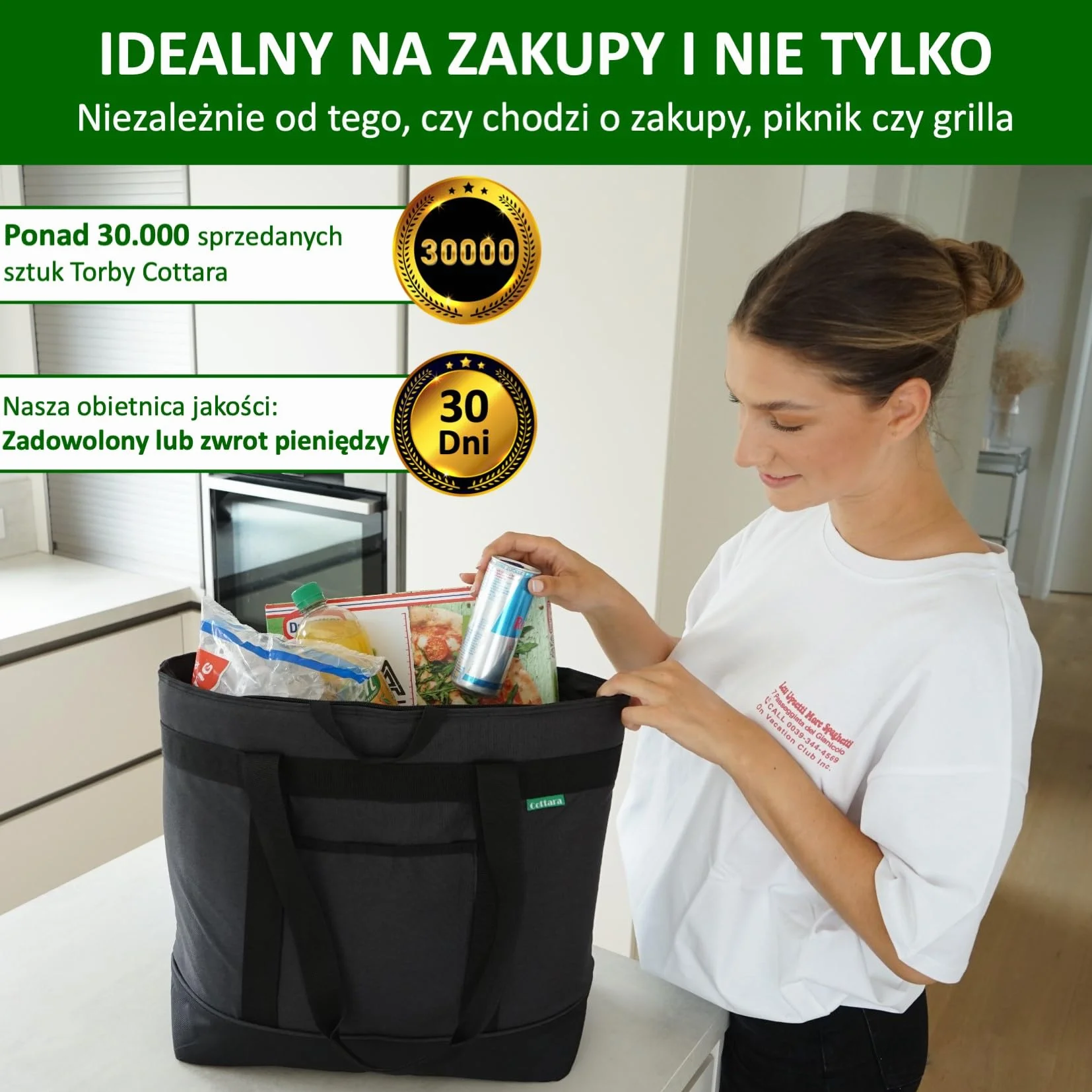 Cottara Torba chłodząca klasy premium, duża, składana, izolowana i stabilna, z mocną izolacją na ciepło i zimno – idealna jako torba na zakupy, torba izolacyjna, torba piknikowa
