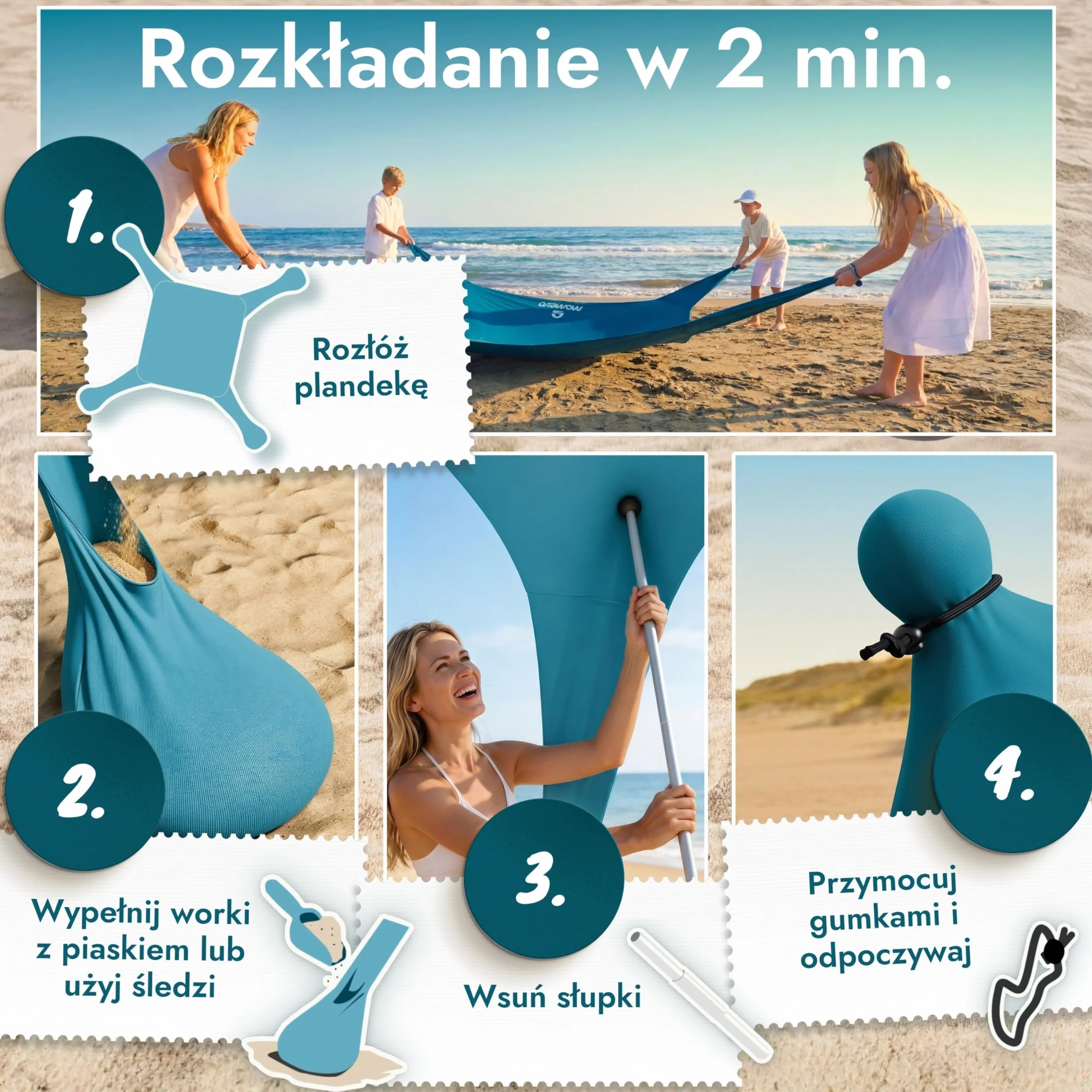 Sunsail Young Family namiot plażowy – żagiel przeciwsłoneczny na plażę z certyfikowaną ochroną UV UPF50+ (do 4 osób, kolor petrolowy)
