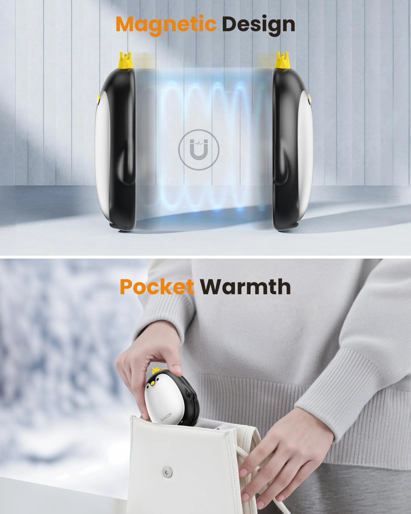 Gaiatop Magnetic Hand Warmers Rechargeable 2 Pack, 3 Settings Pocket-Sized Cute Penguin, Fast Hot Hands Wielokrotnego użytku przenośny elektryczny podgrzewacz