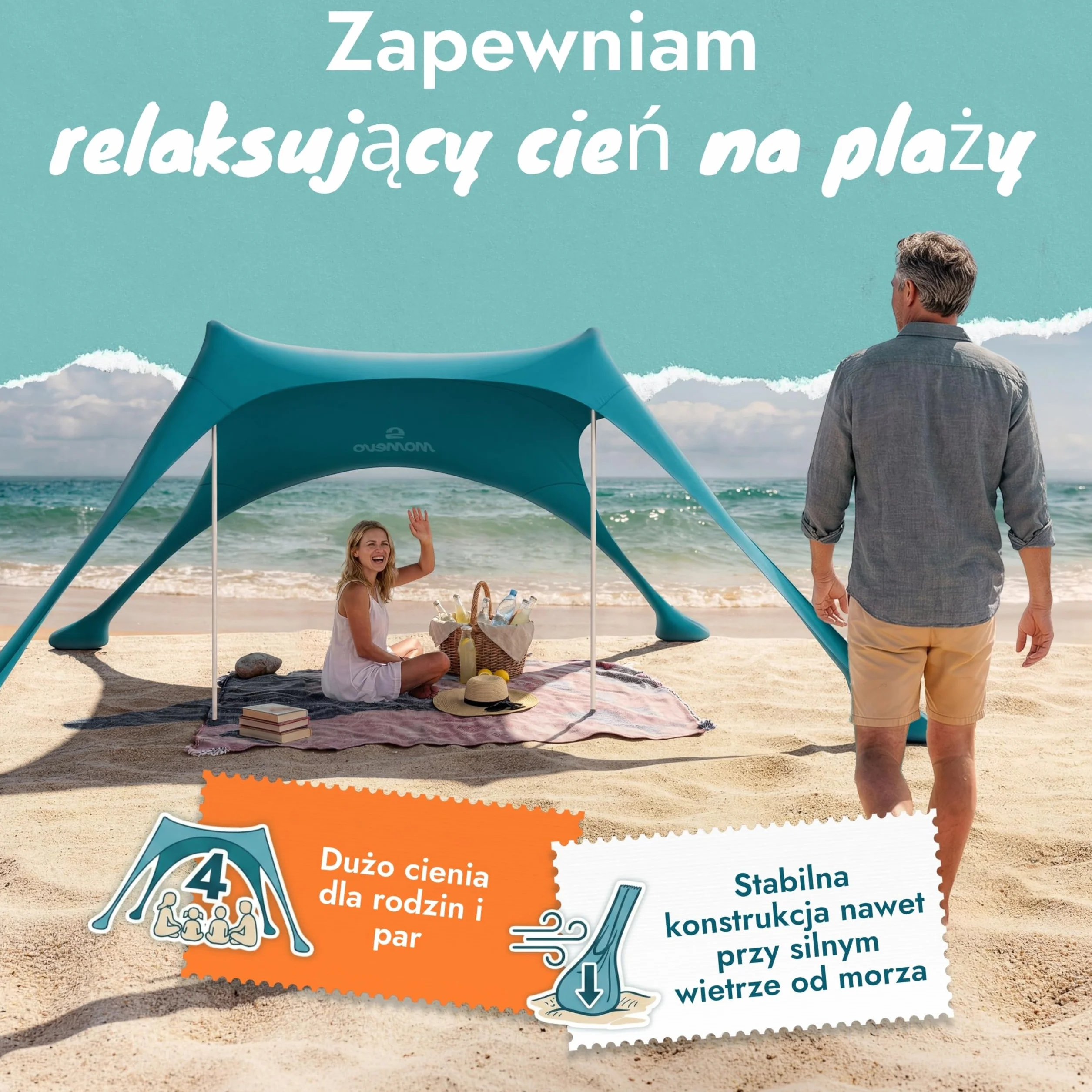 Sunsail Young Family namiot plażowy – żagiel przeciwsłoneczny na plażę z certyfikowaną ochroną UV UPF50+ (do 4 osób, kolor petrolowy)