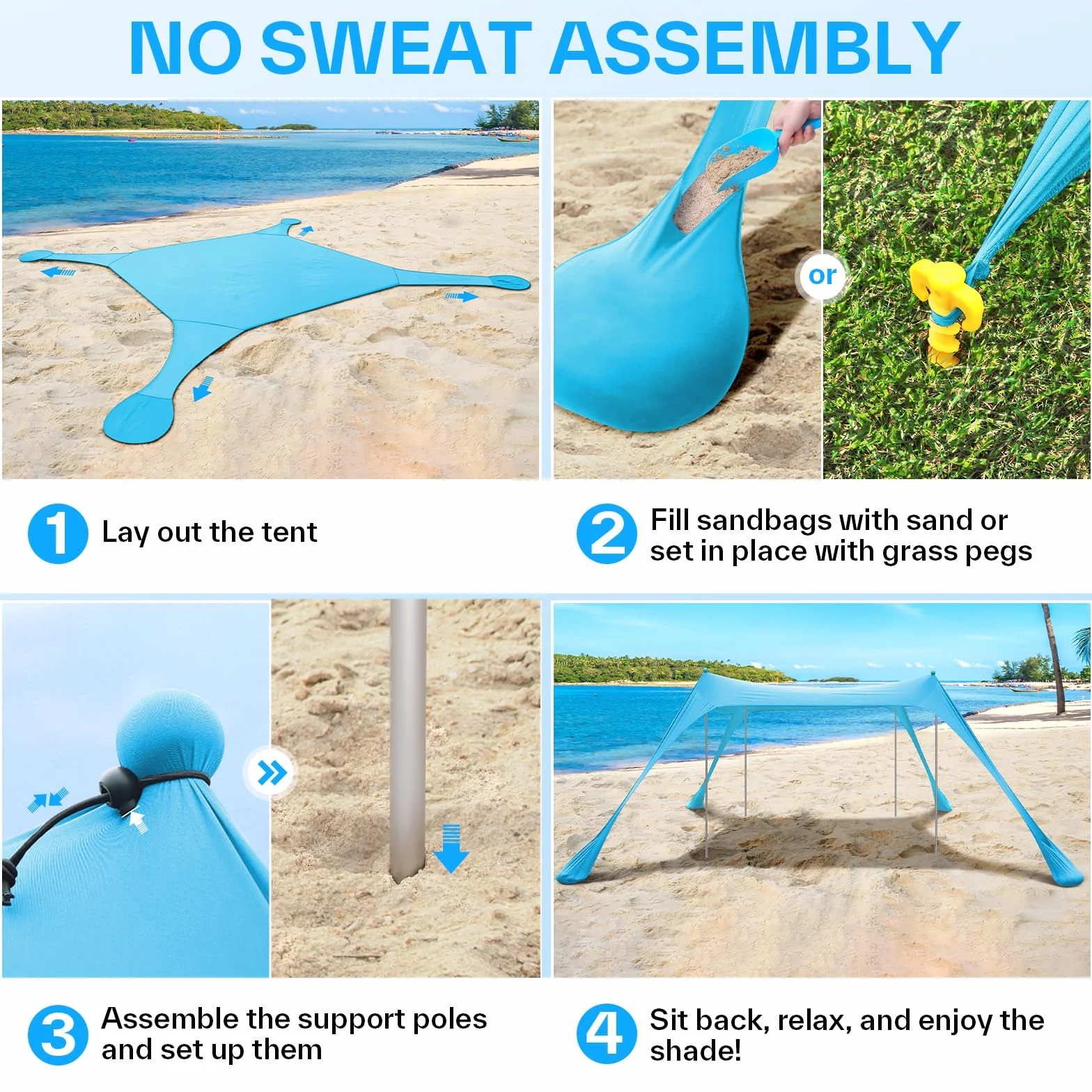 Markiza plażowa Namiot przeciwsłoneczny Sportneer 10 x 10 FT Namiot plażowy Markiza plażowa Parasol przeciwsłoneczny UPF50+ z 4 drążkami stabilnymi łopatą do piasku