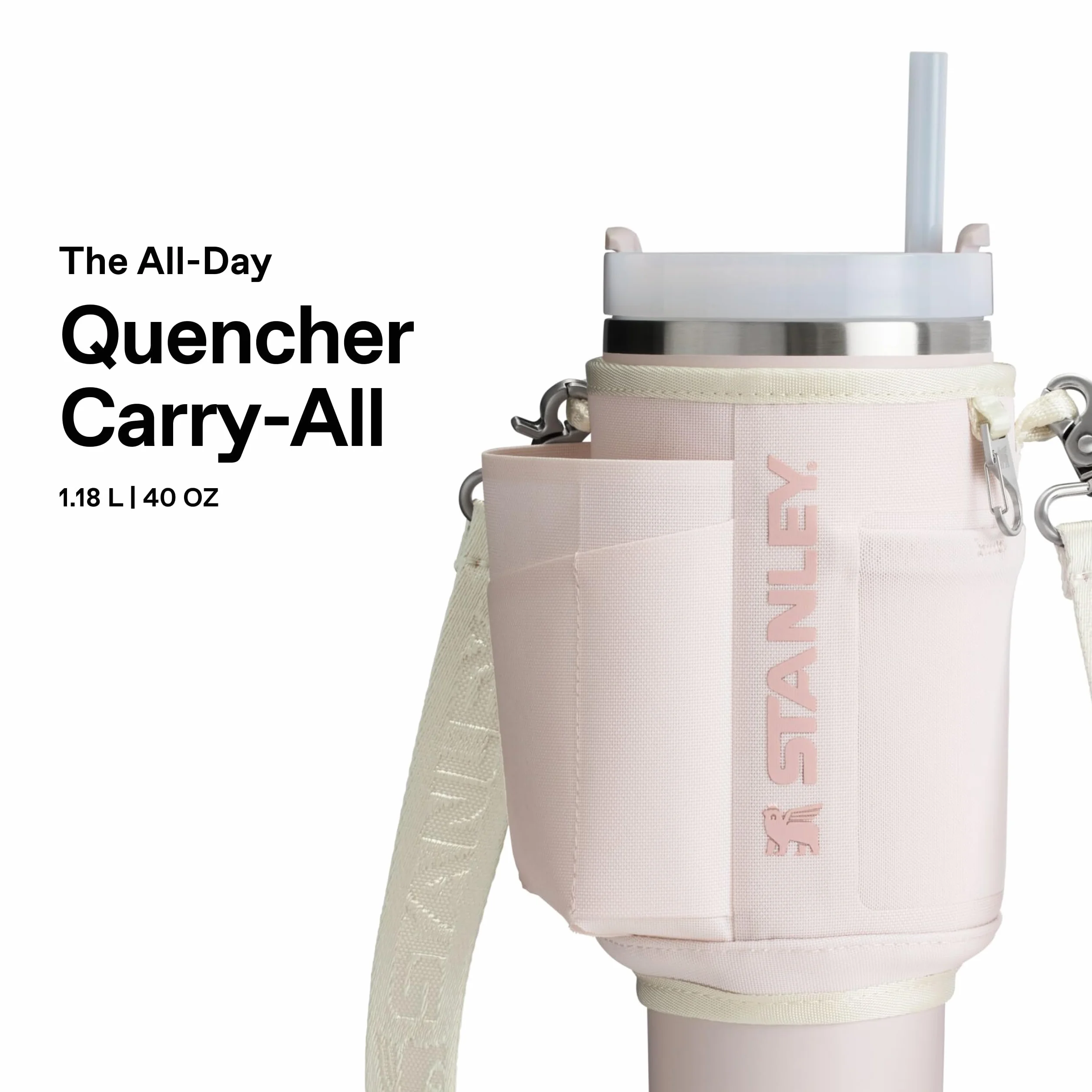 Stanley 1913 All Day Quencher Carry-All 1.18L – 2 zatrzaski – kieszeń na telefon – kieszeń na karty – karabińczyk na klucze – odpinany pasek na ramię – różowy kwarc