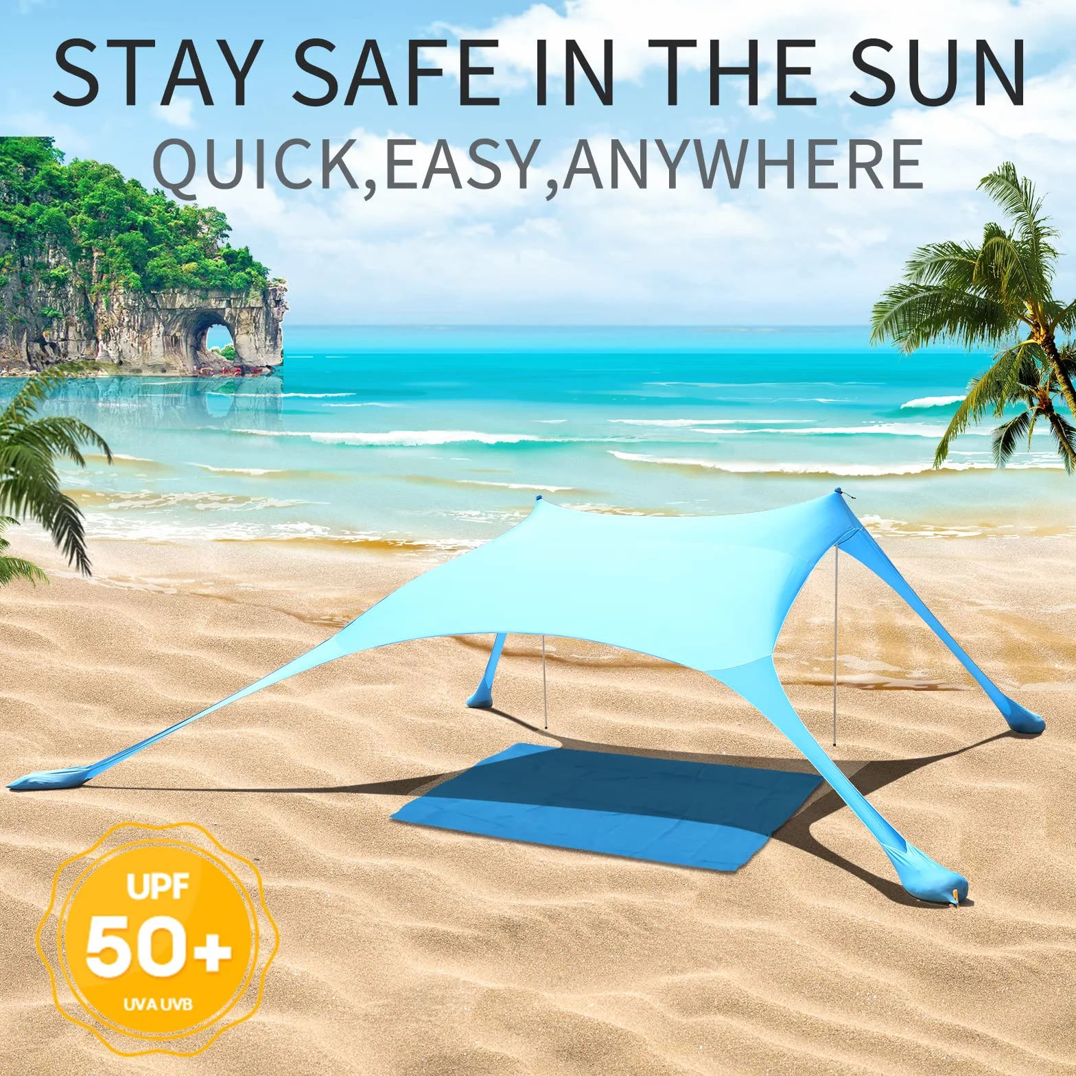Strandzelt, Pop-Up, LSF 50, lycra, Sonnenschutz, für den Außenbereich, Anti-Wind, Sonnenschutz mit Stabilitätsstangen, Hinterhof mit Stranddecke, niebieski