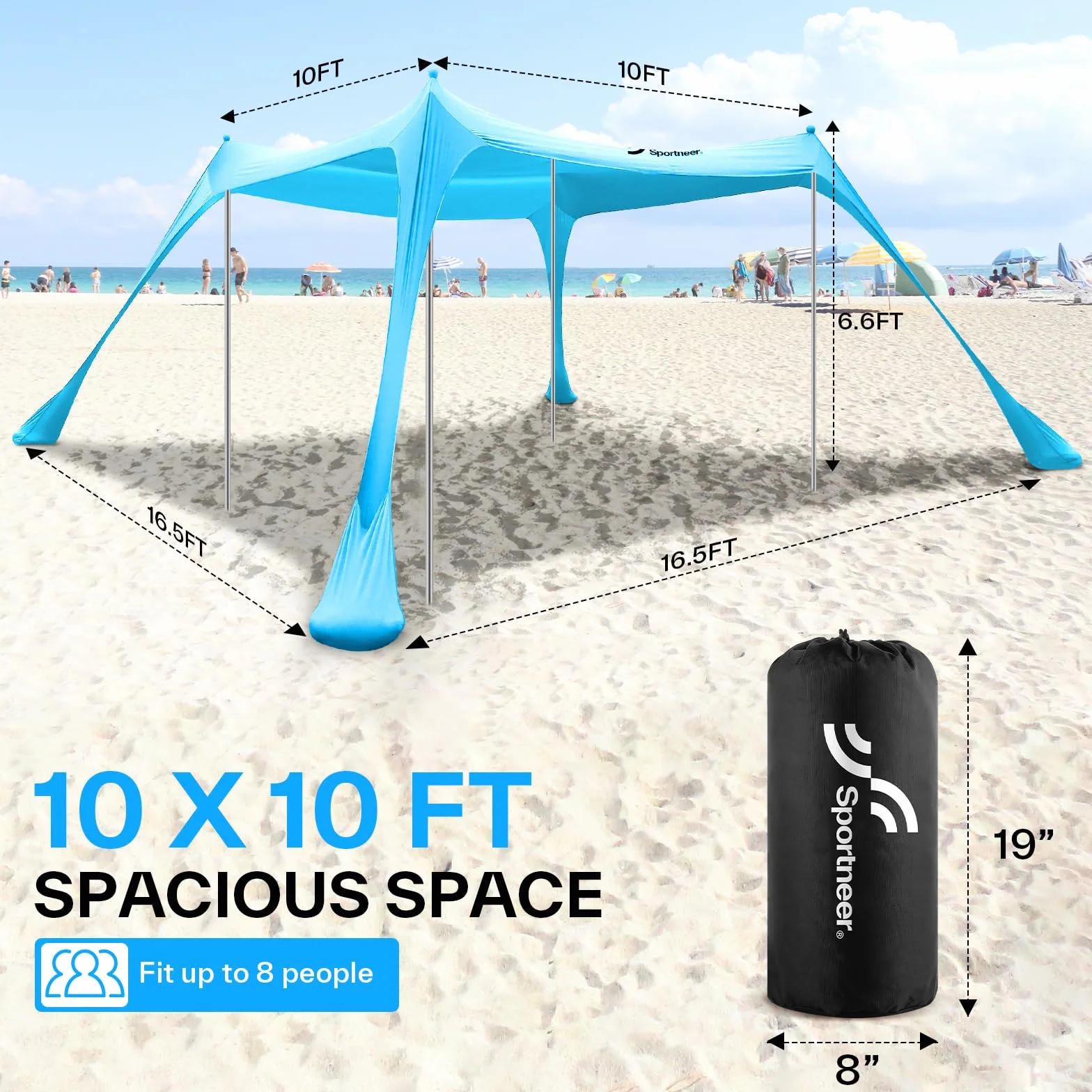 Markiza plażowa Namiot przeciwsłoneczny Sportneer 10 x 10 FT Namiot plażowy Markiza plażowa Parasol przeciwsłoneczny UPF50+ z 4 drążkami stabilnymi łopatą do piasku