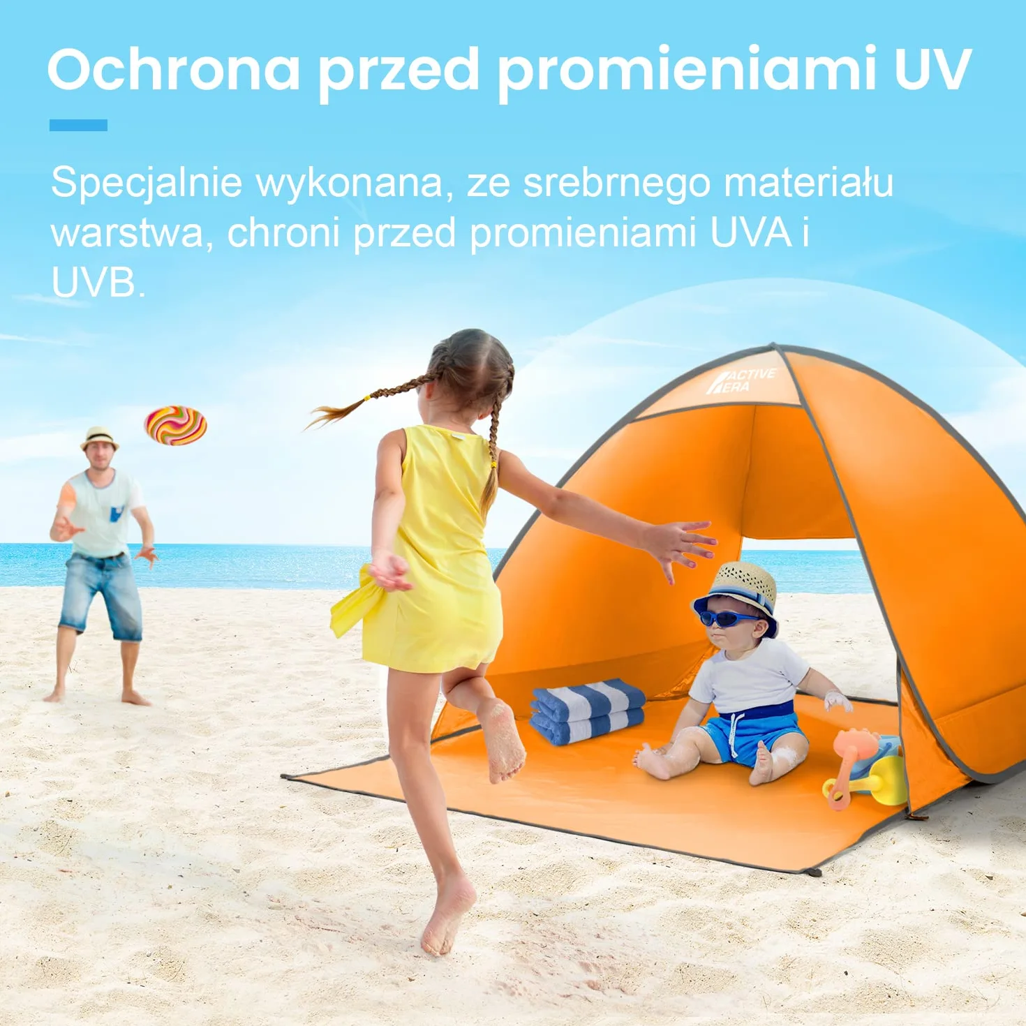 Namiot Plażowy Pop-Up, Samorozkładający, 2 3 Osobowy, Ogrodowy Dla Dzieci Na Plażę Dorosłych, Kempingowy Rozkładany Lekki Przeciwsłoneczny UPF 50+, z Moskitierą, Osłona przed Promieniowaniem, Pomarańczowy