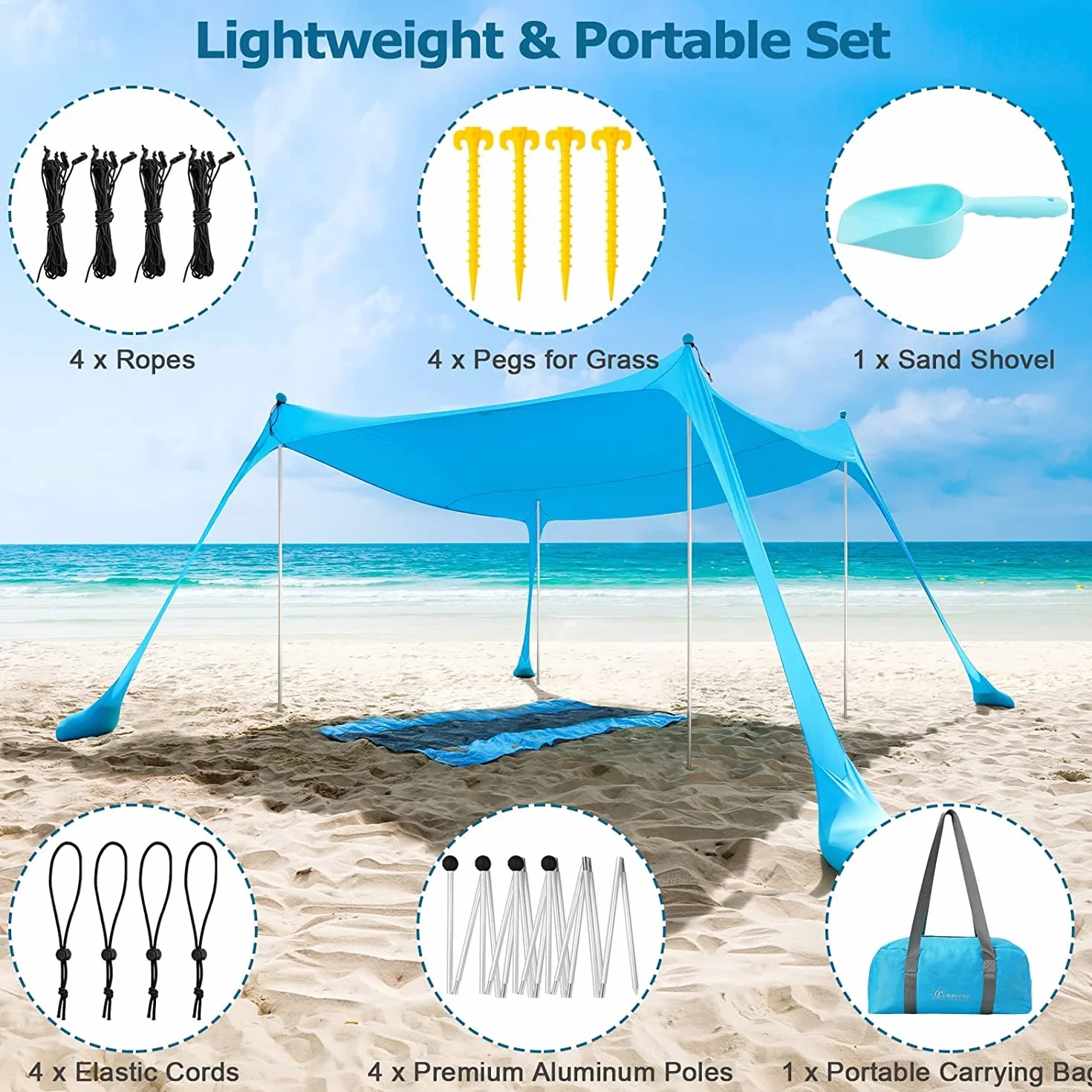 COMMUDS Namiot plażowy, schronienie przeciwsłoneczne, UPF50+, przenośny parasol przeciwsłoneczny, 2,1 m x 2,1 m, 4 aluminiowe drążki, łatwy montaż, dla rodziny, na kemping, wędkowanie, na zewnątrz